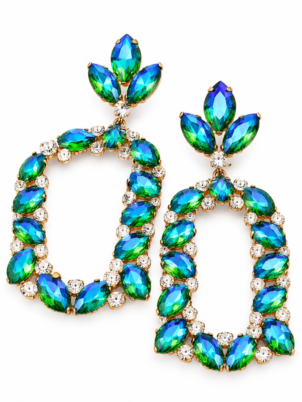 Gold-Tone Green Blue Marquise Crystal Hoop Earrings